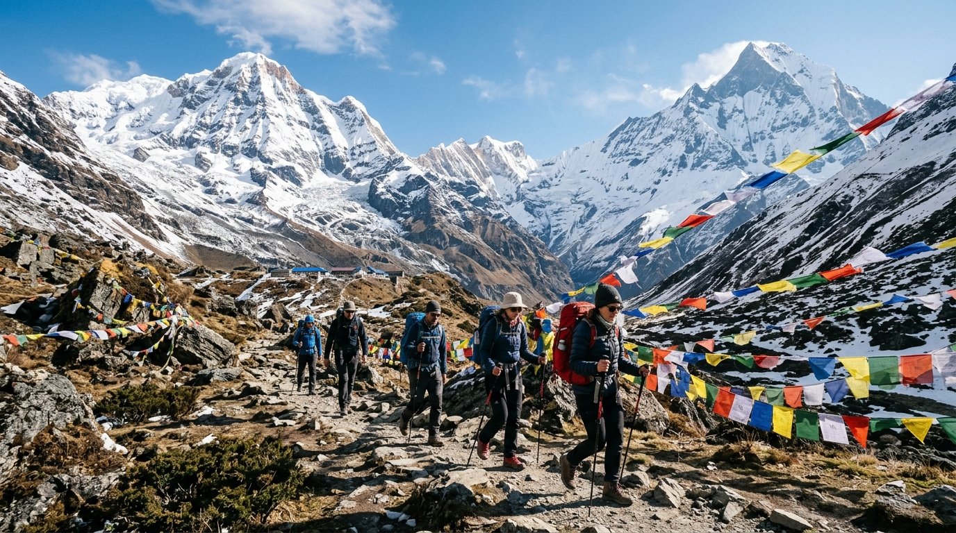 Trekkers approaching Annapurna Base Camp beneath towering snow summits in Nepal