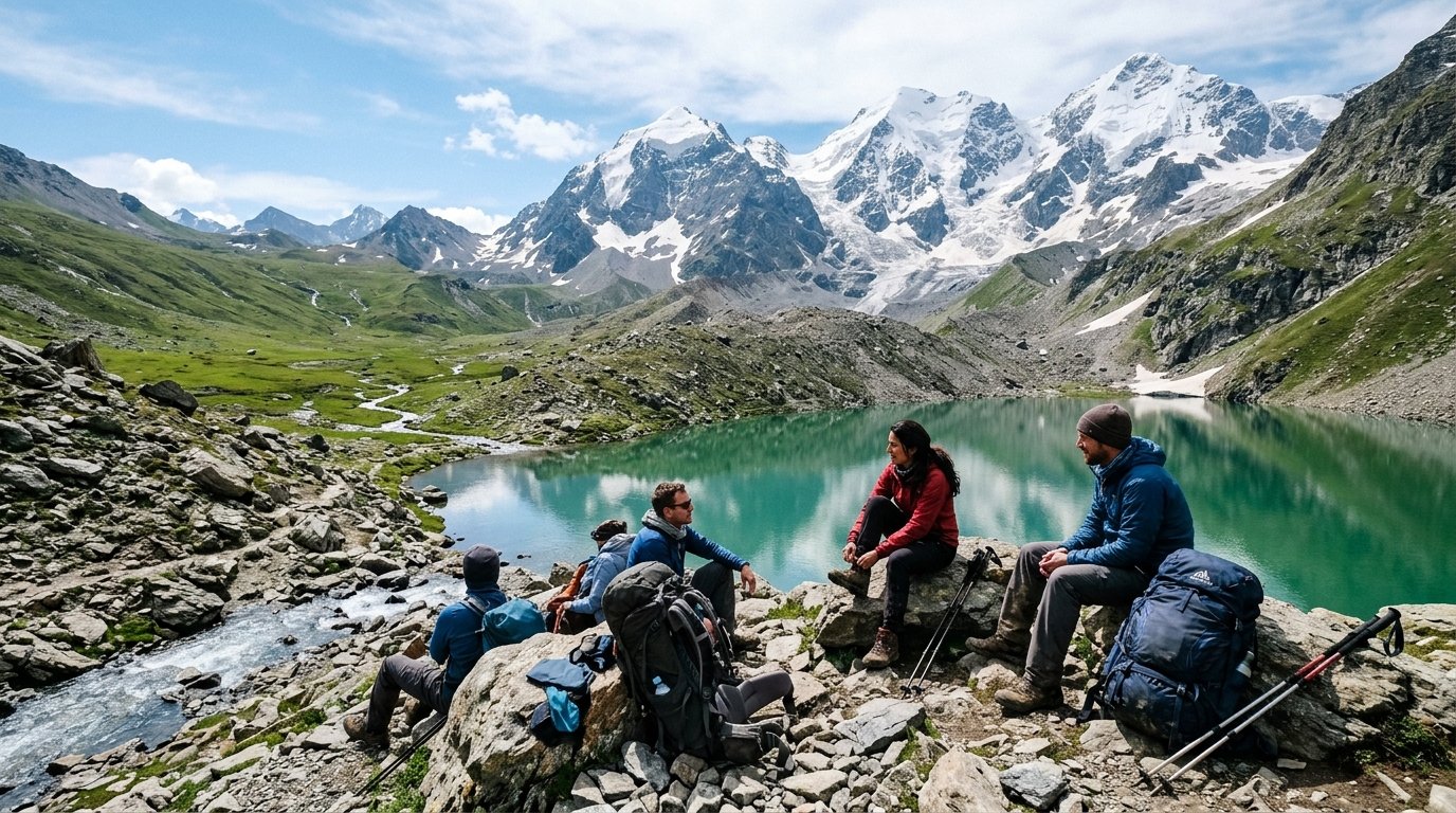 Trekkers beside Beas Kund with Himalayan peaks rising above the glacial basin