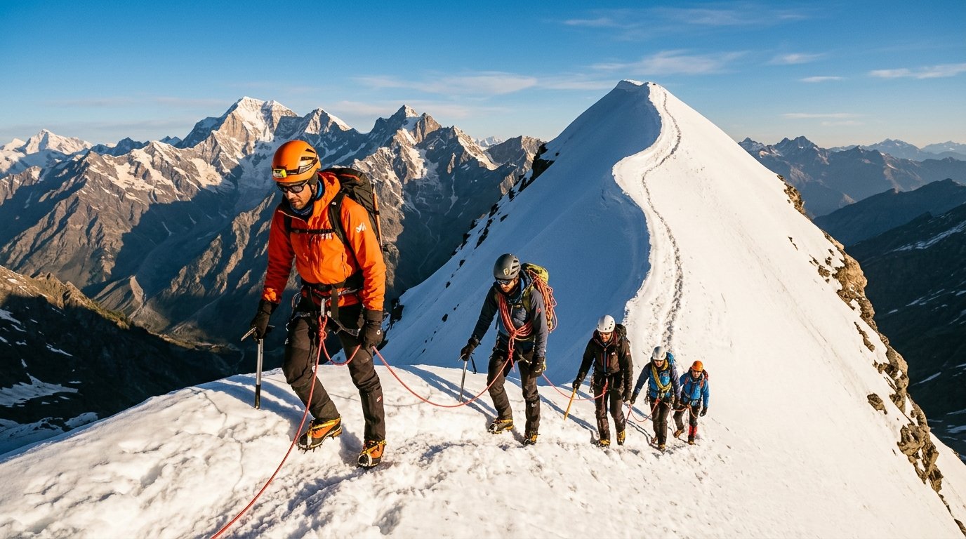Rope team climbing a snow slope during the Friendship Peak expedition near Manali
