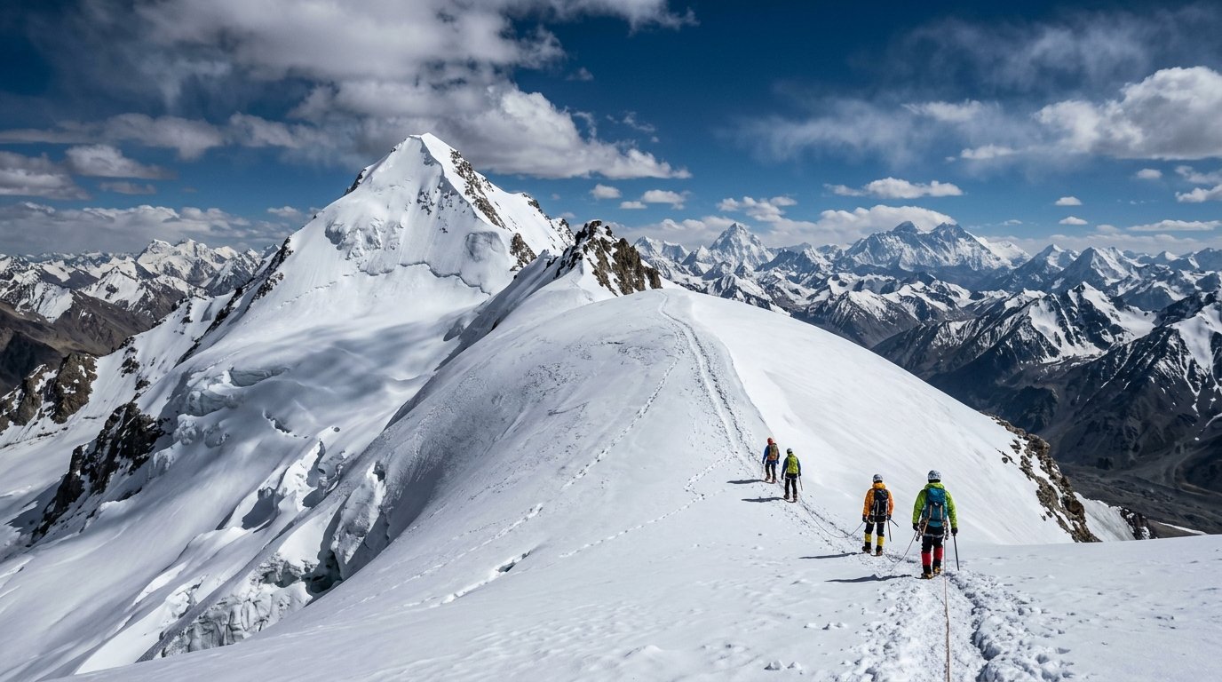Mountaineers traversing the high snow dome of Kang Yatse 2 in Markha Valley