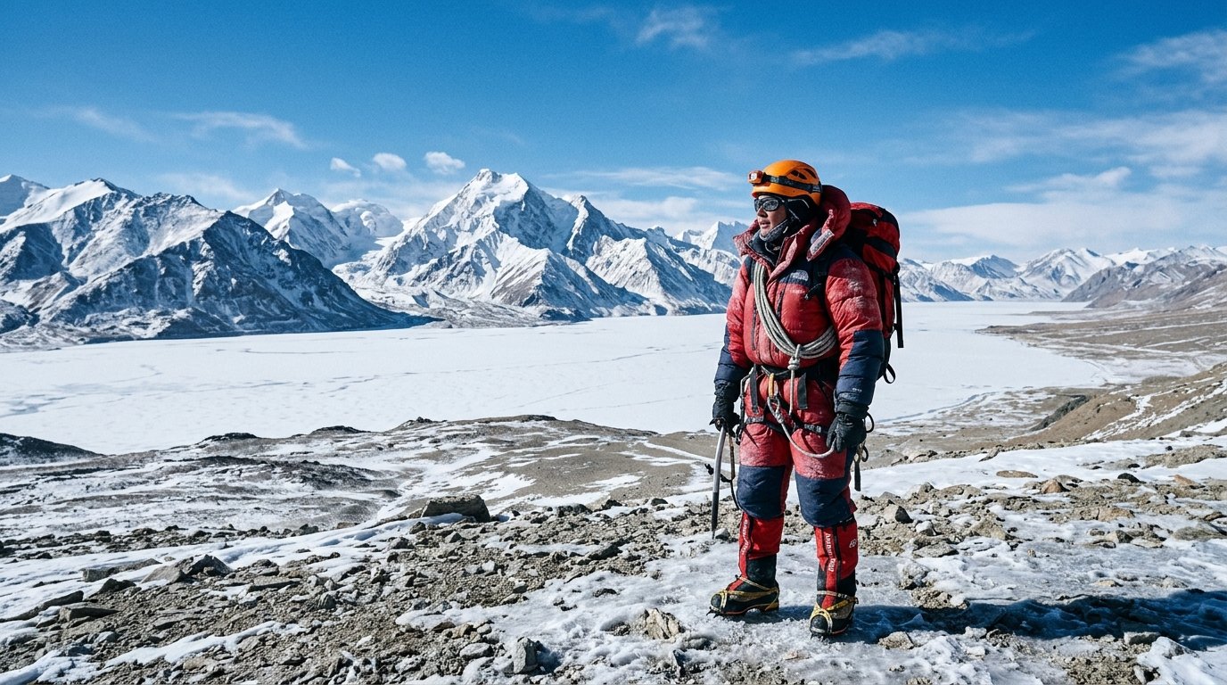 Mountaineers ascending Kiager Ri above the frozen Changthang landscape in Ladakh