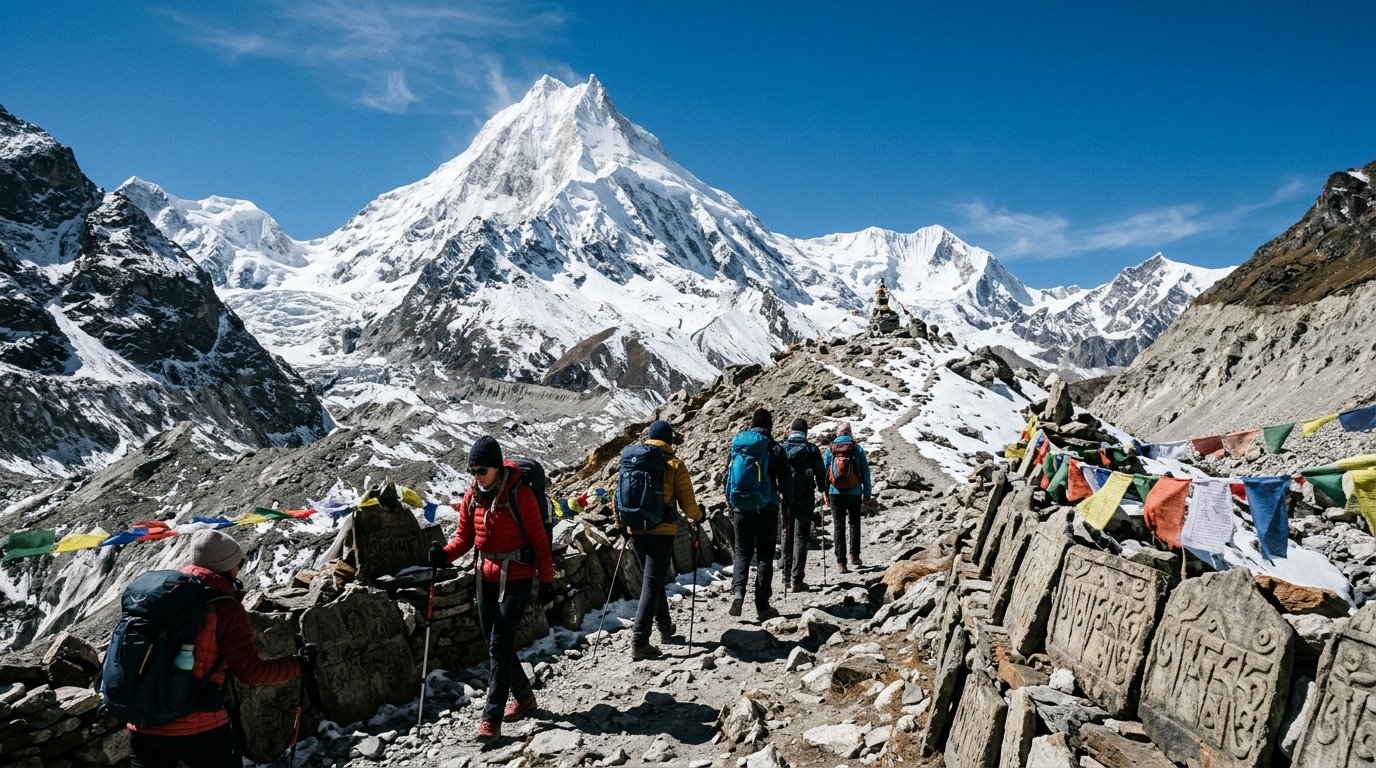 Trekkers crossing the high trail below Manaslu on the Manaslu Circuit in Nepal