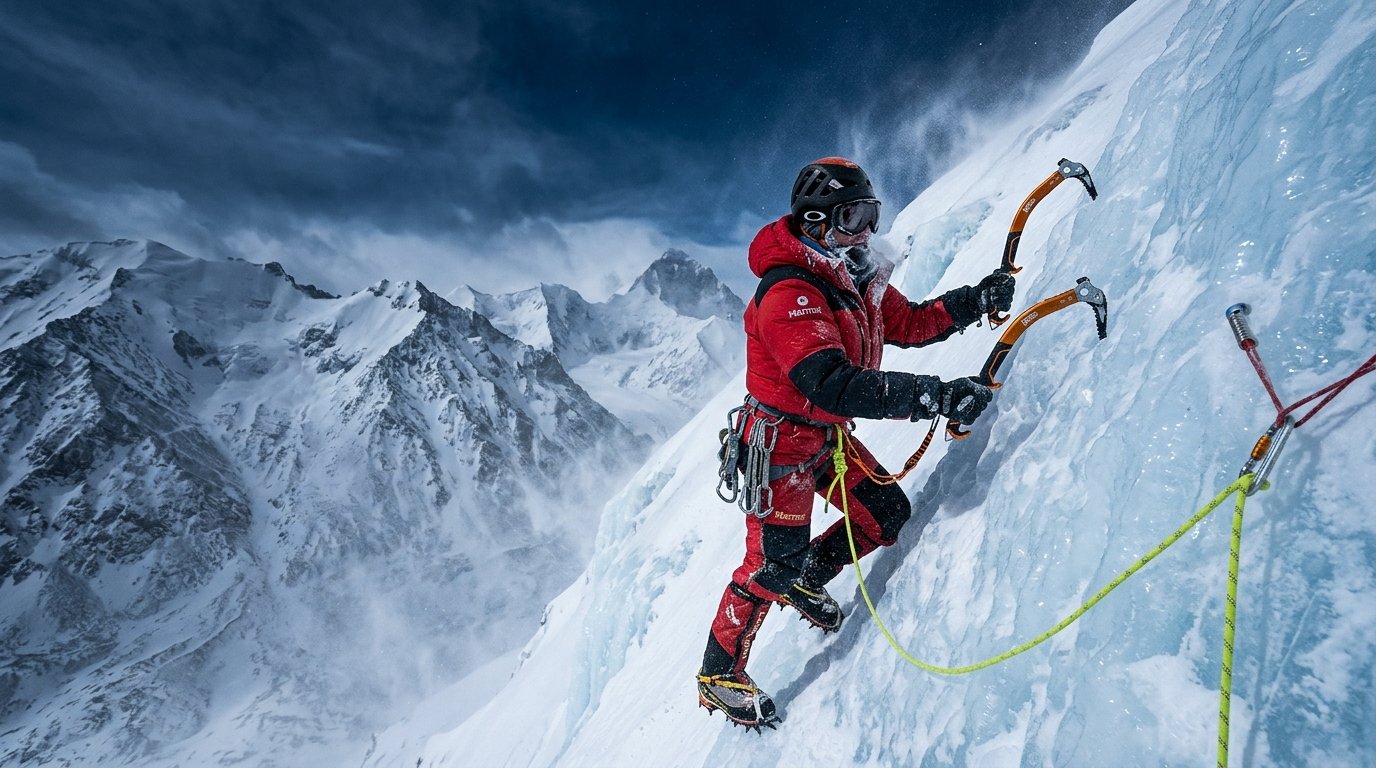 Climber scaling blue glacier ice in Ladakh at -30°C winter conditions