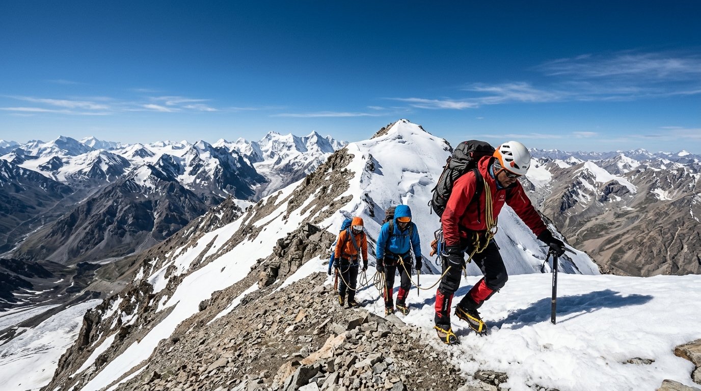 Climbers moving toward the summit of Yunam Peak in the high mountains of Lahaul